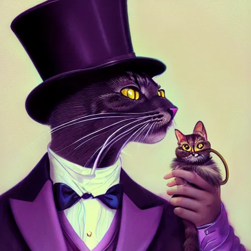 Image similar to close portrait of a fancy cat ( animal ) with a top hat and monocle, vaporwave, highly detailed, digital painting, artstation, concept art, smooth, sharp focus, illustration, art by artgerm and greg rutkowski and alphonse mucha