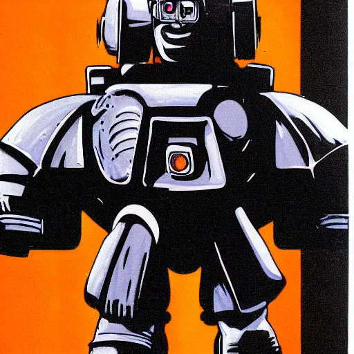 Image similar to a 1 9 8 0 s advertisement from a convention center displaying a monk in a mecha full body suit, highly detailed, sharp focus, hq, post grunge, subtle colors.