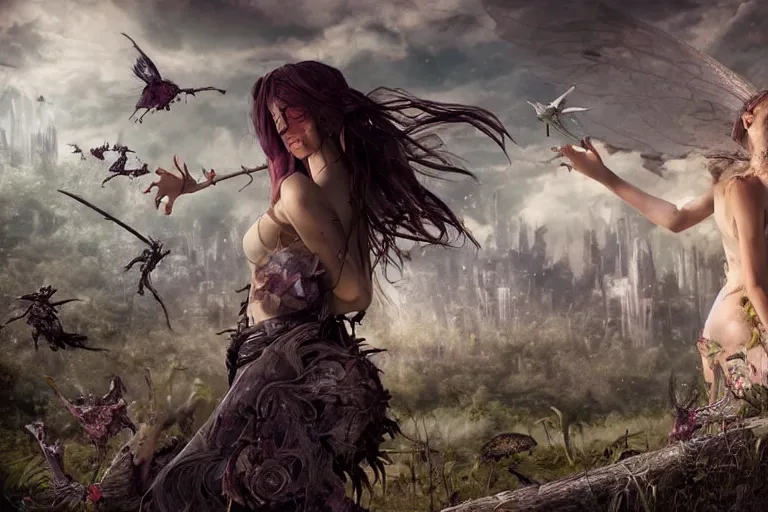 Prompt: A Lone beautiful fairy girl, with tattered wings and torn clothes ,fights off a hoard of undead monsters and zombies with an uzi, standing on a pile of bones, hyper realistic, octane render, cinematic, golden ratio, curved lines, the dark tower, dramatic lighting shadows, detailed illustration, 8k, intricate details, oil painting, 3d scene, render, ultra realistic, zenith view, Greg Rutkowski, artstation, cgsociety, level design, unreal engine, 3d scene, render, ultra realistic, zenith view, Enki Bilal style