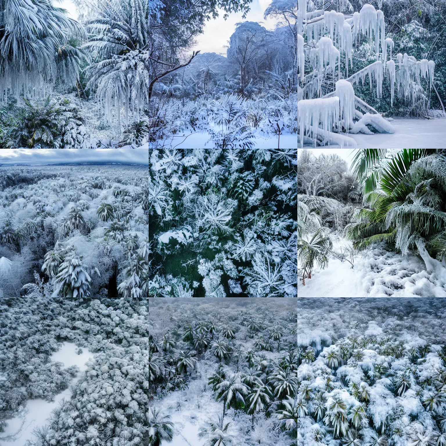 Prompt: a tropical jungle frozen covered in ice and snow