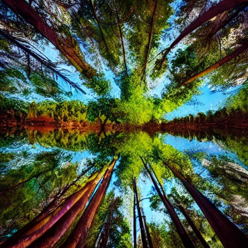 Image similar to looking up at the tops of trees in a forest, an ultrafine detailed painting by ( ( ( jon coffelt ) ) ), shutterstock contest winner, generative art, multiple exposure, fisheye lens, high dynamic range