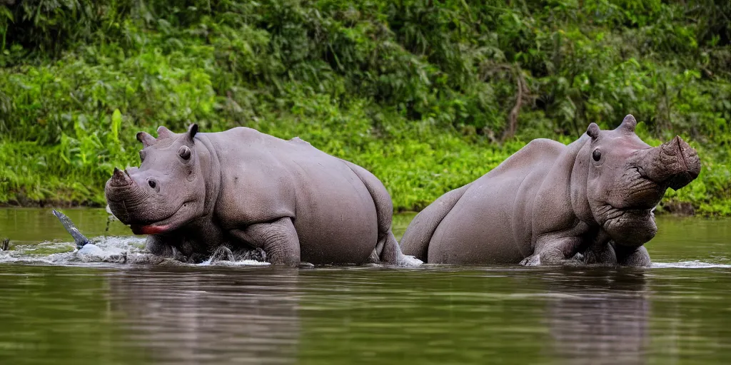 Prompt: hippo with a rhino horn, in a river in the jungle, extremely high fidelity, natural lighting