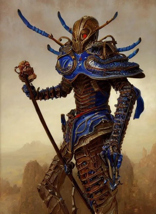 Prompt: formal portrait of a humanoid locust warrior with four thin arms, wearing plate armor with blue embroidered cloak, long antennae, fantasy, digital art by eugene de blaas, ross tran, and nasreddine dinet, vibrant color scheme, intricately detailed, in the style of romanticism, cinematic, artstation, greg rutkowski