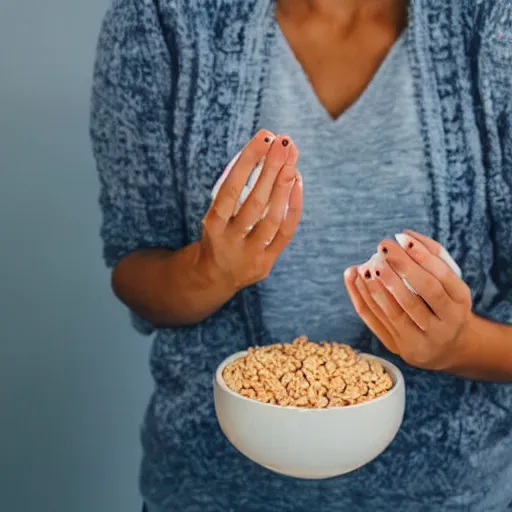 Prompt: a woman holding thunder in her hands over a bowl of cereal