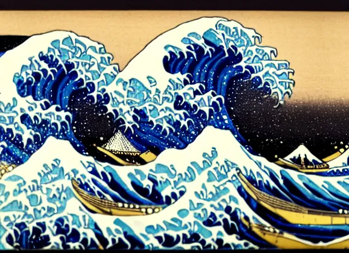 Prompt: the great wave off kanagawa is a woodblock print by the japanese ukiyo - e artist hokusai, probably made in late 1 8 3 1 during the edo period of japanese history. the print depicts three boats moving through a storm - tossed sea, with a large wave forming a spiral in the centre and mount fuji visible in the background