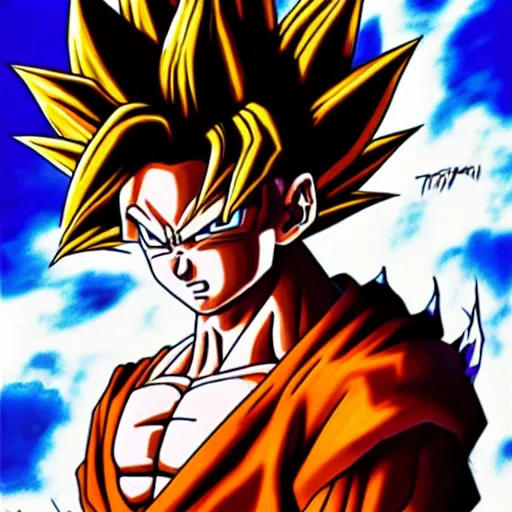 Image similar to ultra realistic portrait painting of goku becoming a super saiyan in the night, art by akira toriyama, 4 k, dragon ball artstyle, cel shaded, highly detailed, epic lighting