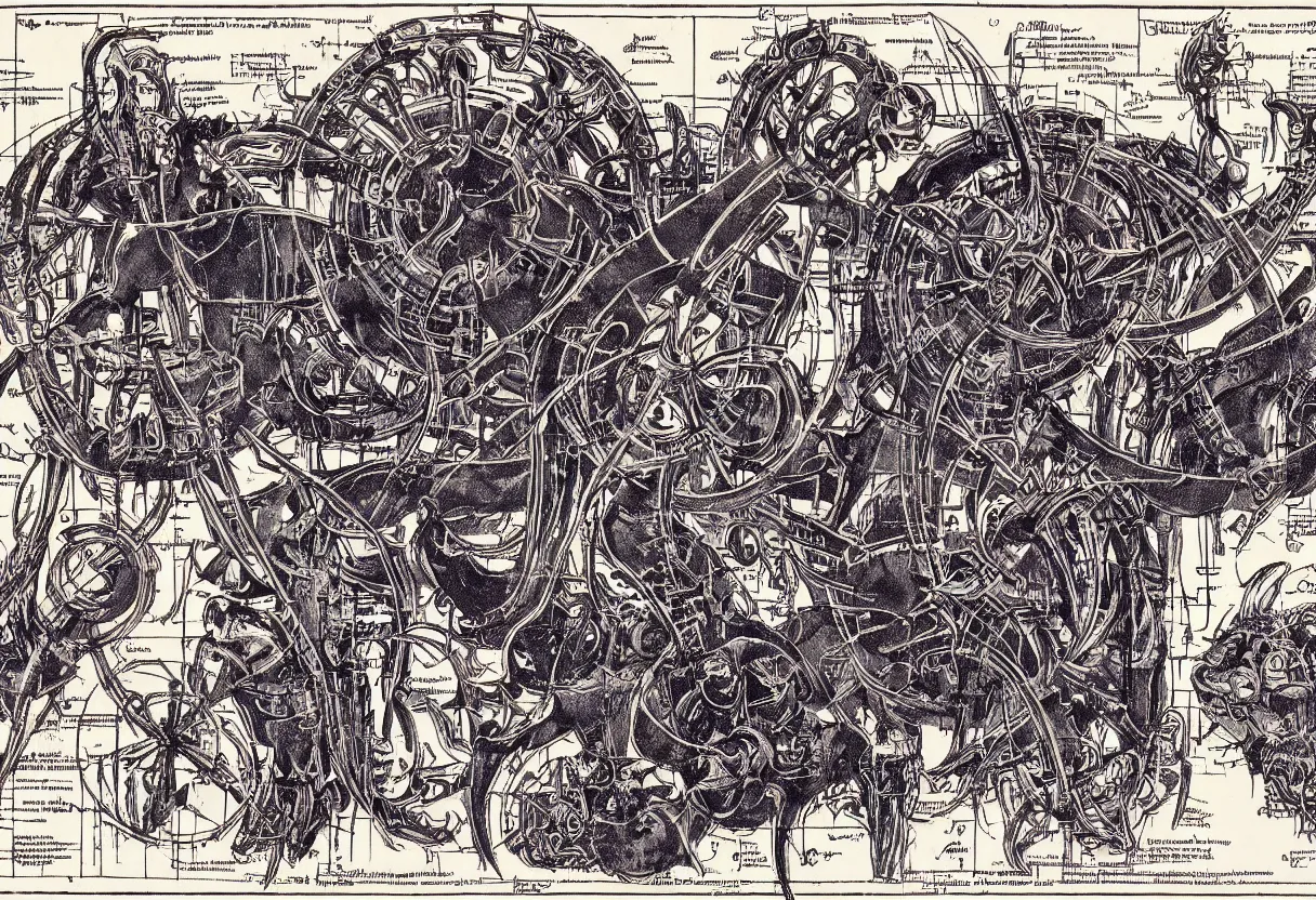 Prompt: blueprint of demonic stemapunk machine from necronomicon book, plenty annotations in blood sumerian language, by rutkowsky and gerald brom and frazetta and rembrandt