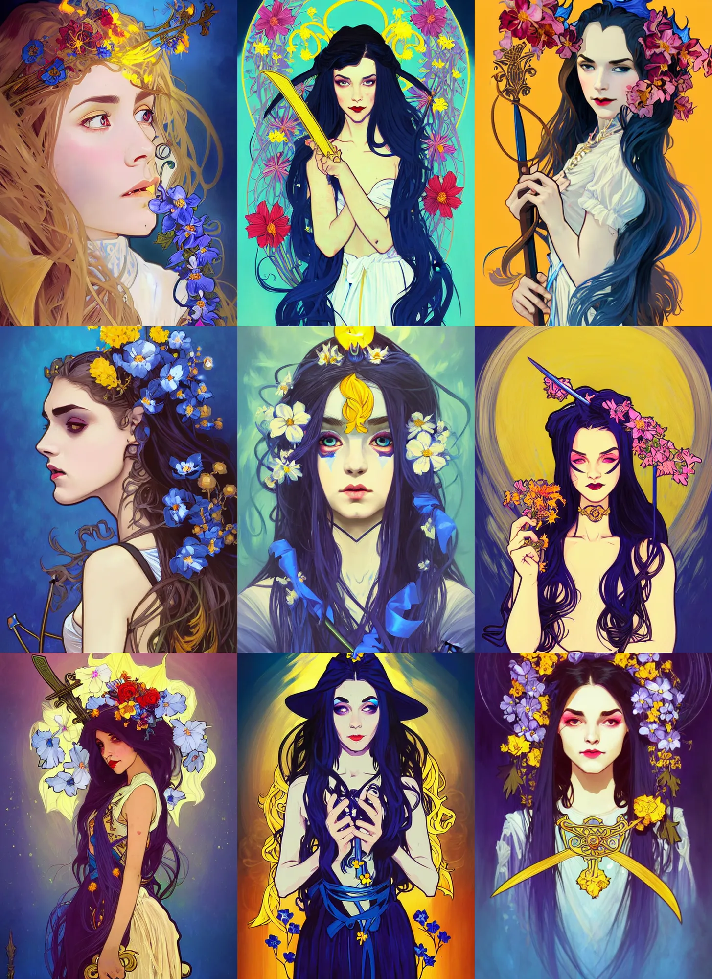 Prompt: painting, character portrait beautiful girl witch vamp with flowers in hair, sword in hand, blue and yellow ribbons, white blues, fire, dark background, elegant, highly detailed, artstation, concept art, symmetry, smooth, sharp focus, illustration, art by mandy juergens, alphonse mucha and alena aenami