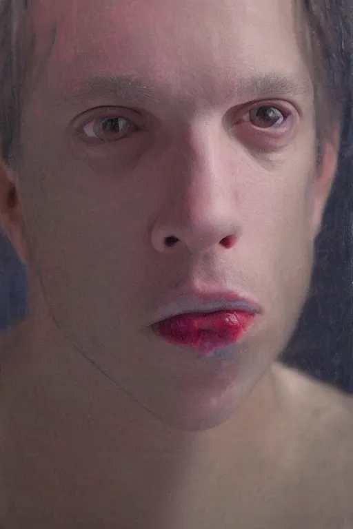 Prompt: todd solondz, a portrait of anorexic man, clear todd solondz face, dreaming of kissing a girl, sad and lonley, vivid colors, soft lighting, atmospheric, cinematic, moody, in the style of francis bacon and krenz cushart, oil on canvas, 8 k