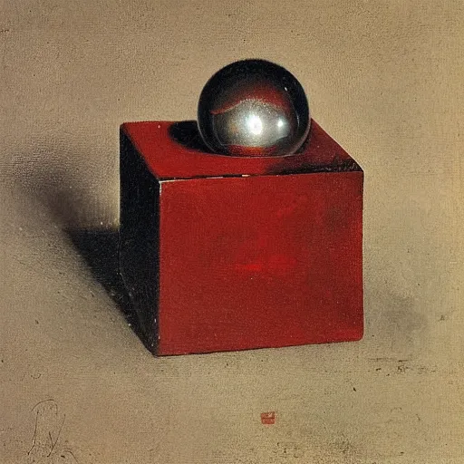 Prompt: chrome spheres on a red cube by aelbert cuyp