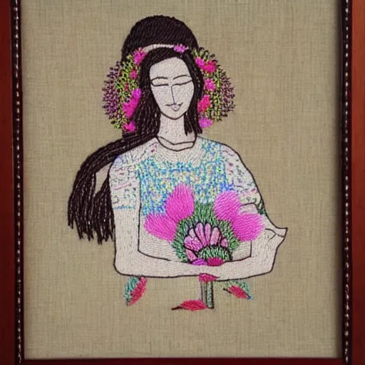 Image similar to a beautiful handmade embroidery of a woman with flowers. hand embroidery.