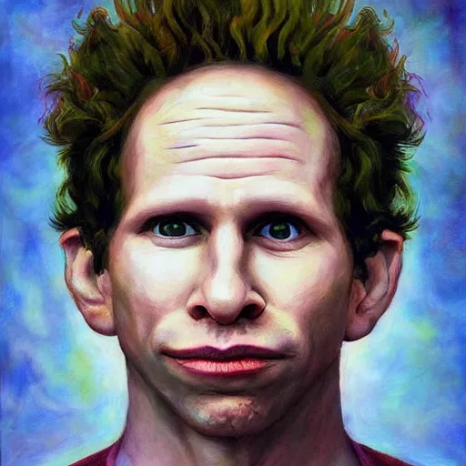 Image similar to portrait of glenn howerton as dennis reynolds in the style of esao andrews, oil painting, pop surrealism, cartoon-tainted abstract surrealism
