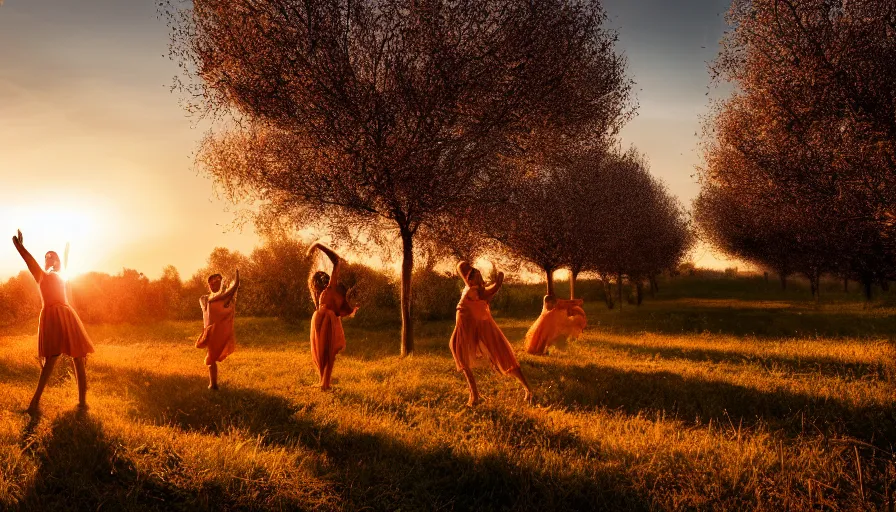 Image similar to dancing in a field of ripe peach trees, photo, cinematic lighting, cinematic still, golden hour