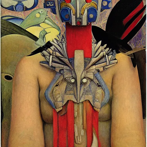 Image similar to the robot queen wearing her bird mask, by annie swynnerton and diego rivera and elihu vedder and lucien freud and jean delville, symbolist, dramatic lighting, elaborate geometric ornament, head and shoulders view, art brut, soft cool colors, smooth, sharp focus, extremely detailed, adolf wolfli, leo and diane dillon, nicholas roerich