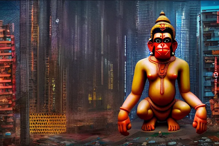 Image similar to high quality 3 d cyberpunk biomorphic hanuman! head building in the middle of mumbai!!, kalighat highly detailed, cinematic smooth, stephen shore & john j. park, soft morning light, wide shot, high angle, uhd 8 k, deep focus