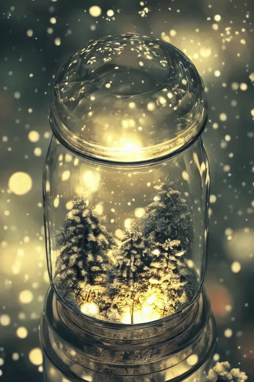 Prompt: a glass jar with a metal lid and beautiful flowers growing in earth inside, standing in snow in a dark forest. bokeh, metal lid, intricate detail, highly detailed, hyperrealistic, dark lighting, moonlight, glowing jar, magic, cgsociety, sense of awe, mystical, 8 k, beautiful digital art