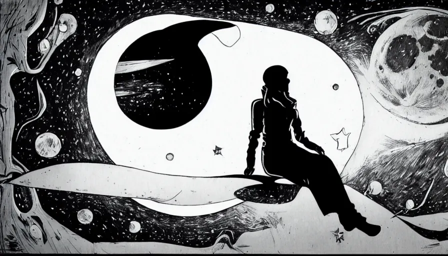 Image similar to travel to the moon in a dream, style of graphic novel, style of dave mckean, black outline, on white, smooth, thin sharp lines, detailed