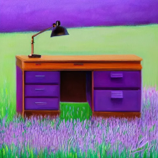 Prompt: realistic painting of a desk on a purple field