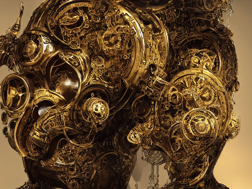 Prompt: a render of a giant clockwork face made of brass and gold, puppet, ornate, engraved, highly detailed, fantasy, render, octane, raytracing, unreal engine, cinematic, trending on artstation, illustration, in the style of simon lee and jama jurabaev, piotr jablonski, artgerm and greg rutkowski, dishonored