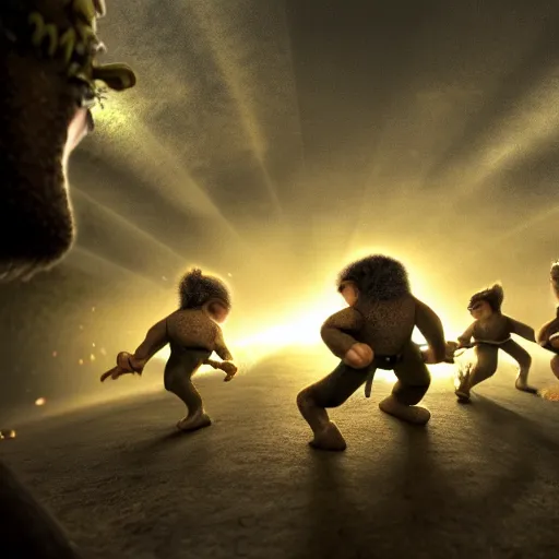 Prompt: action scene of trolls fighting against knights, still from a movie by stanley kubrik, cinematic, hyperreal, intense, highly textured, wide angle, insanely detailed, god rays, 3 5 mm, shallow depth of field