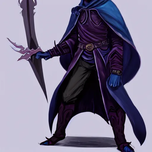 Image similar to D&D character concept art of a cloaked tiefling, tiefling rogue, blue skin color with short horns and a devil tail, fighting pose of a Rogue holding daggers, black cloak hidden in shadows, full body pose, soft colors, fantasy, intricate, elegant, highly detailed, digital painting, artstation, concept art, smooth, sharp focus, illustration, wide angle shot, full body visible, art by artgerm and H R Giger and alphonse mucha