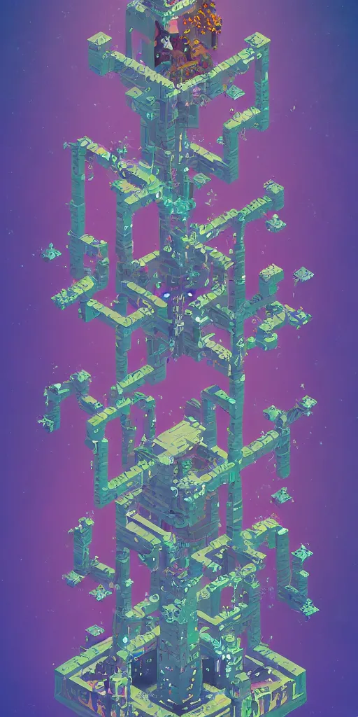 Prompt: isometric portrait of advanced alien, his last moment, mystical, magicavoxel intricate ornamental tower floral flourishes, technology meets fantasy, map, infographic, concept art, art station, style of monument valley, giger, wes anderson