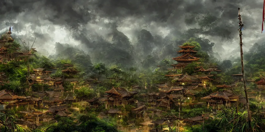 Image similar to A gigantic standing haunted samurai guardian dominates a huge hidden bamboo village in the jungle, evening, ominous sky, flags, Matte Painting, Craig Mullins