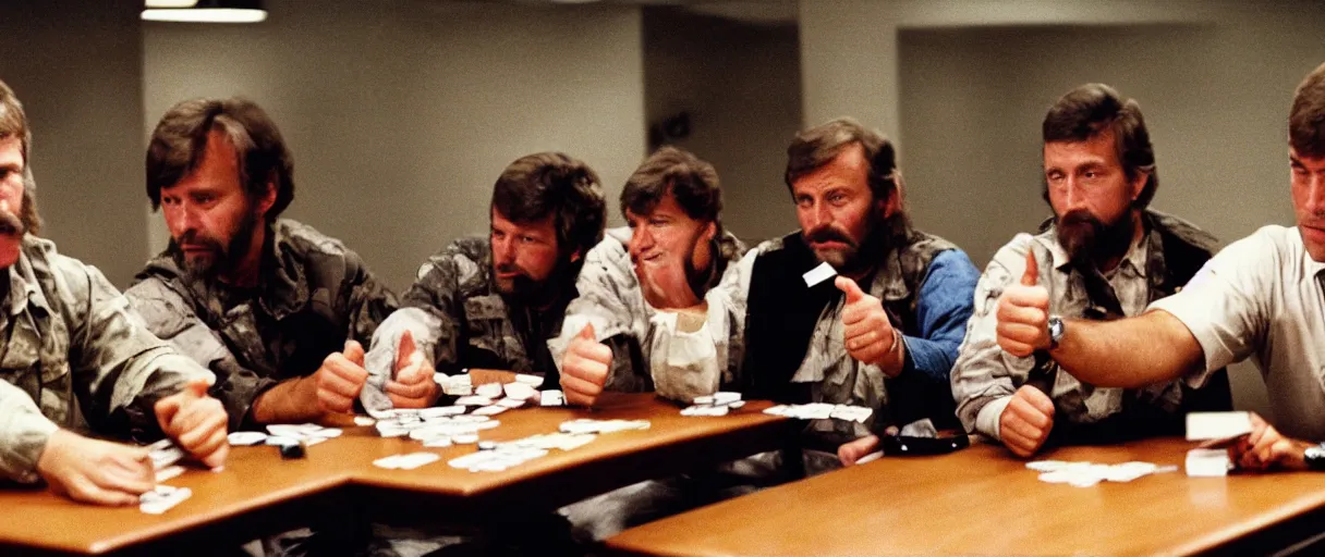 Image similar to a high quality extreme wide establishing shot hd 4 k film 3 5 mm color photograph of a group of grizzled caucasian male civilian military contractors sitting at a square table playing cards in a dimly lit breakroom smoking ciggarettes, one of them gives a sarcastic thumbs up towards the camera in 1 9 8 2