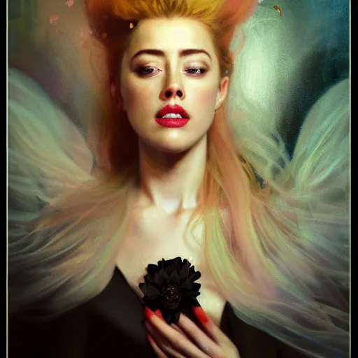 Image similar to hyperrealistic portrait of a woman as amber heard as a vampire witch tears makeup bun in a black flower coat turned back reflection in a window portrait cracks with falling petals. by jeremy mann and alphonse mucha, fantasy art, photo realistic, dynamic lighting, artstation, poster, volumetric lighting, very detailed faces, 4 k, award winning