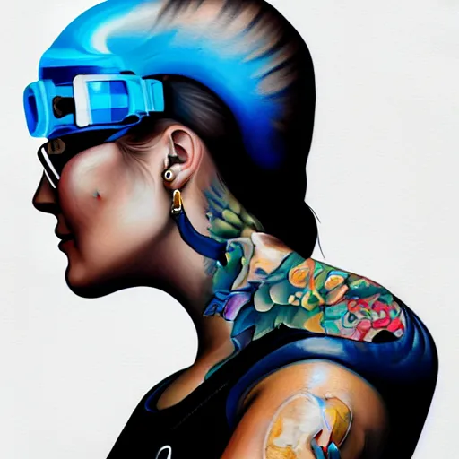 Image similar to a profile photo of a woman with diving helmet with tattoos on arm and neck, side profile in underwater, highly detailed, digital painting, artstation, sharp focus, illustration by Sandra Chevrier