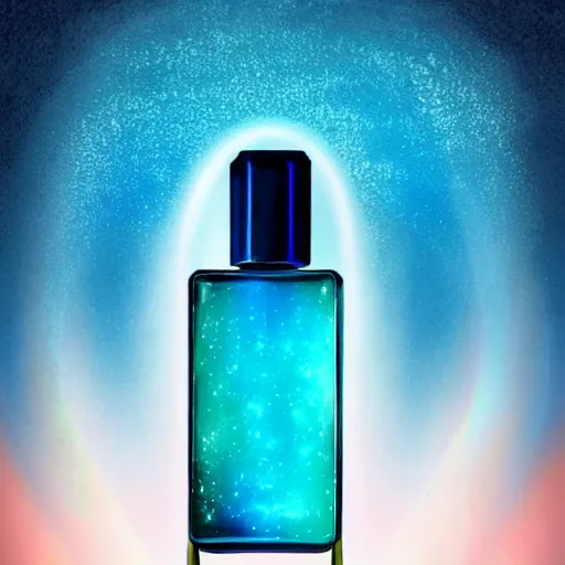 Image similar to advertisement for a blue perfume bottle surrounded by turquoise water droplet and galactic waves, textless, lonely world still shining through faintly rainbow led lights, beautiful surreal scenery artwork, soul dust, unthinkable dream sublime god lighting, sun rays, cold colors, insanely detailed, artstation!! pixiv!! infinitely detailed