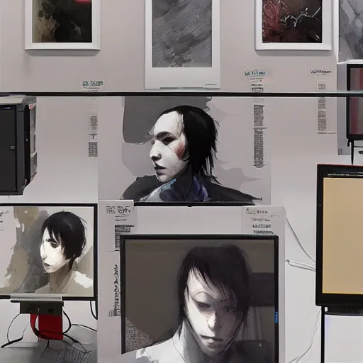 Prompt: portrait of lain iwakura connected to a room full of cables computers and displays by ruan jia and joao ruas. atmospheric