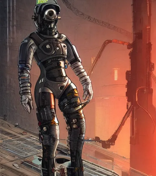 Image similar to realistic cyberpunk engineer with long limbs and a black spacesuit on a spacewalk, techwear, dead space, visible face, Industrial Scifi, detailed illustration, character portrait, by Martin Grip and Moebius