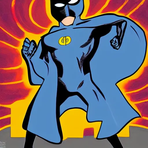 Prompt: Nite-Owl from Watchmen standing in an alleyway with his arms crossed and his cape blowing in the wind, in the style of Bruce Timm, Bruce Timm art, Bruce Timm artwork