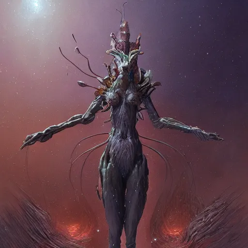 Prompt: A painting of an anthropomorphic ant queen standing on her hind legs, with a starry background behind, formian pathfinder, digital art 4k unsettling, Wayne Barlowe Greg Rutkowski