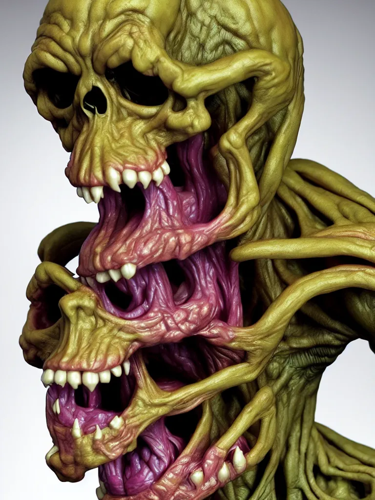 Image similar to hyperrealistic rendering, cronenberg flesh monster skeletor by art of skinner and richard corben and jeff easley, product photography, action figure, sofubi, studio lighting, colored gels