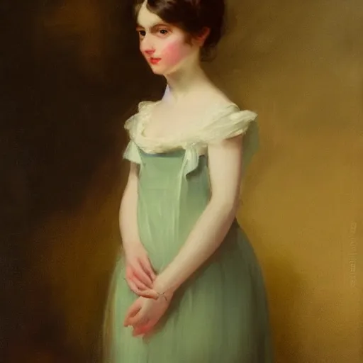 Image similar to a detailed oil painting of a beautiful young Regency-era girl by Henry Raeburn