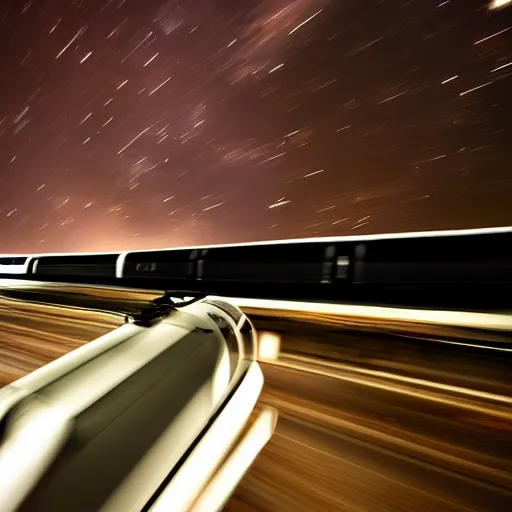 Prompt: A train going through space, 4K, professional photography