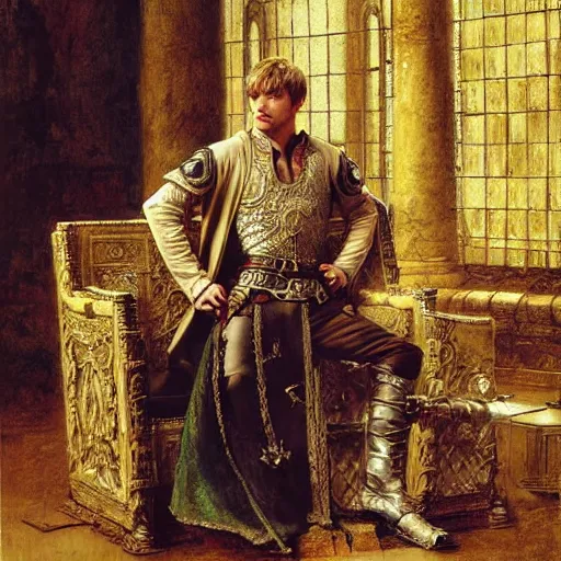 Prompt: bradley james as attractive king arthur pendragon, sat in his throne, big arches in the back, very detailed digital painting, by gaston bussiere, craig miller, j. c. leyendecker