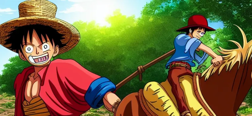 Image similar to “ luffy riding horse, side shot, 8 k resolution, high detailed ”