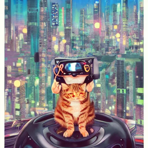 Prompt: a painting of a cat wearing oculus rift with a city in the background, cyberpunk art by hikari shimoda, trending on artstation, panfuturism, utopian art, circuitry, sci - fi