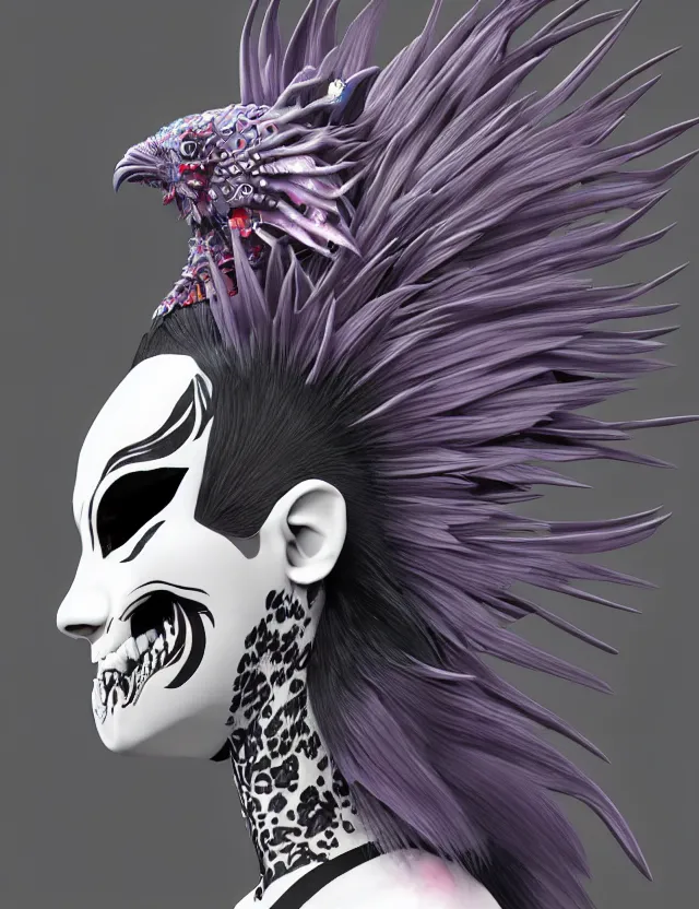 Image similar to 3 d goddess close - up profile simple portrait punk with mohawk with tiger skull. beautiful intricately detailed japanese crow kitsune mask and clasical japanese kimono. betta fish, jellyfish phoenix, bio luminescent, plasma, ice, water, wind, creature, artwork by tooth wu and wlop and beeple and greg rutkowski