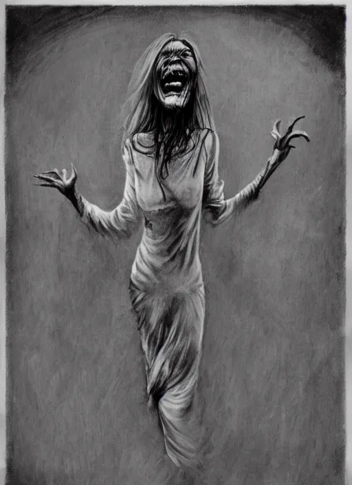 Image similar to A Scary Smiling woman reaching her arms out, in the style of Stephen Gammell