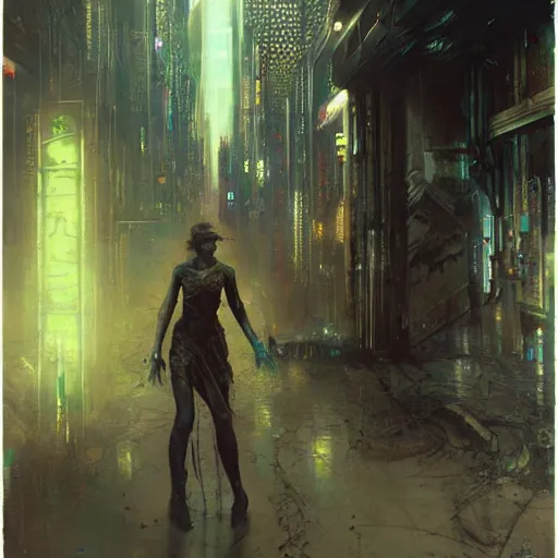 Image similar to a young woman in a cyberpunk noir city by gustave dore and gustave moreau and beksinski and giger and craig mullins and jeremy mann