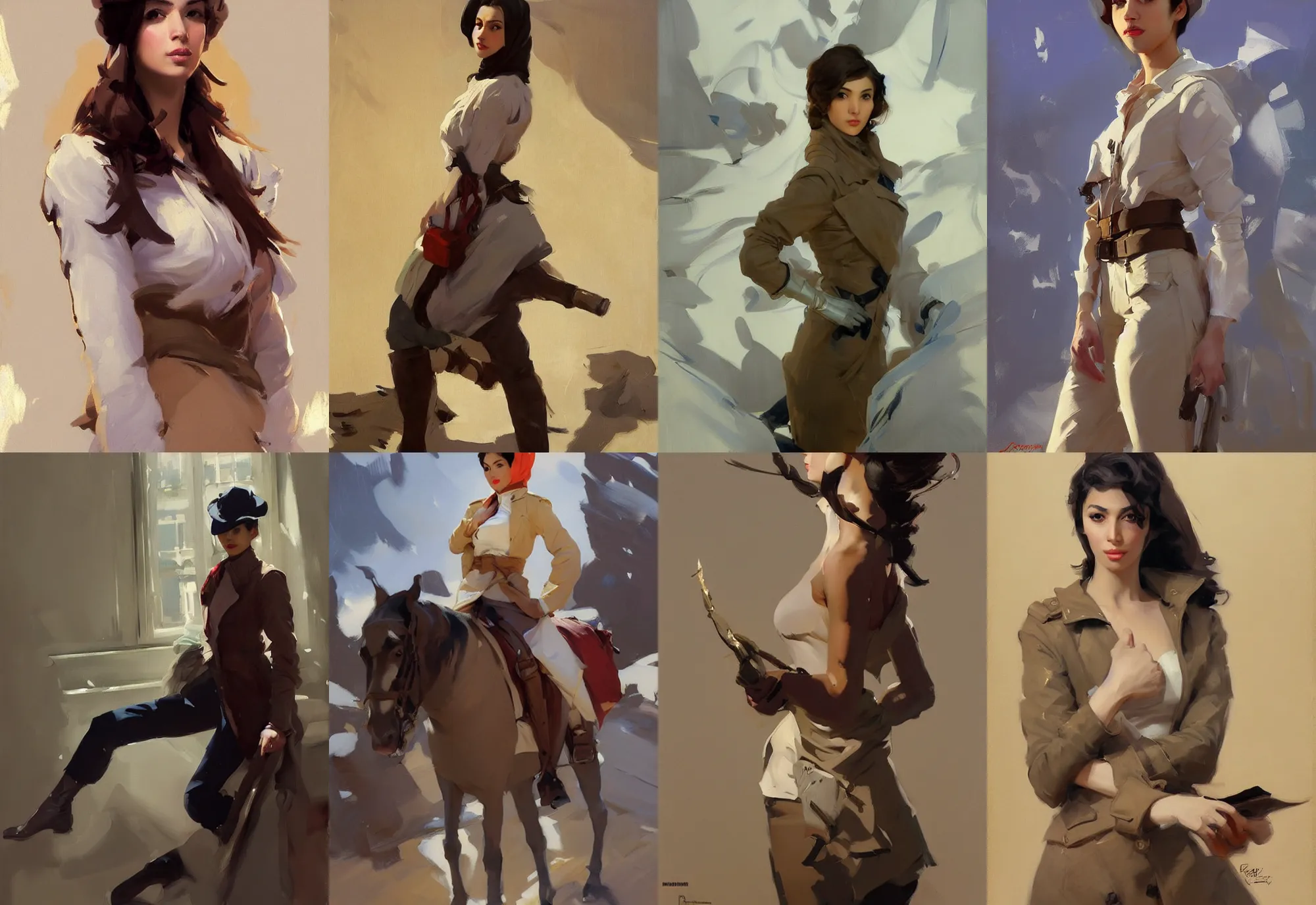 Prompt: portrait of russian iranian asian african model girl jodhpurs winter traveler greg manchess painting by sargent and leyendecker, studio ghibli, fantasy, medium shot, asymmetrical, intricate, elegant, matte painting, illustration, hearthstone, by greg rutkowski, by greg tocchini, by james gilleard, by joe fenton