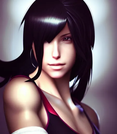 Prompt: beautiful portrait of a gorgeous personal trainer who looks like Tifa Lockhart , character design by charlie bowater, ross tran, artgerm, and makoto shinkai, detailed, soft lighting, rendered in octane