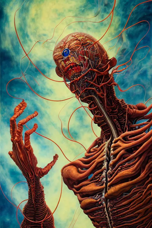 Prompt: a tall, fleshy person with extra limbs, !!!wide eyes!!! hovering in the air, zero gravity, aliens around, rich colours, Ayami Kojima, Karol Bak, mark brooks, hauntingly surreal, highly detailed painting by Katsuhiro Otomo, part by Adrian Ghenie, part by Gerhard Richter, Soft light 4K