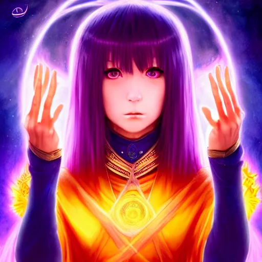 Prompt: rimuru tempest from tensura holding purple fire in her palm, with amber eyes of golden colored eyes, straight hair, sky blue hair, long bangs, concept art, award winning photography, key visual, digital painting, cinematic, wlop, 8 k, by ross tran, andy warhol, tom bagshaw