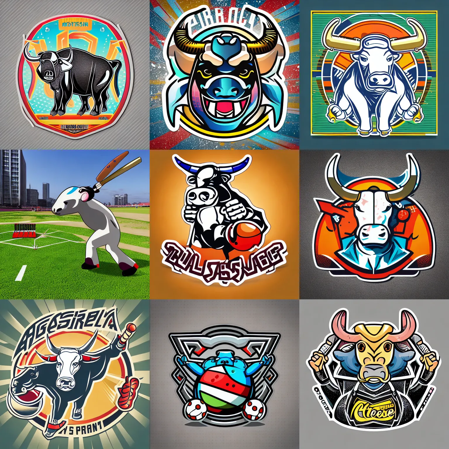 Image similar to “ aggressive bull with a cricket ball, full body mascot, sticker, highly detailed, colorful, illustration, smooth and clean vector curves, no jagged lines, low noise, vector art, logo ”
