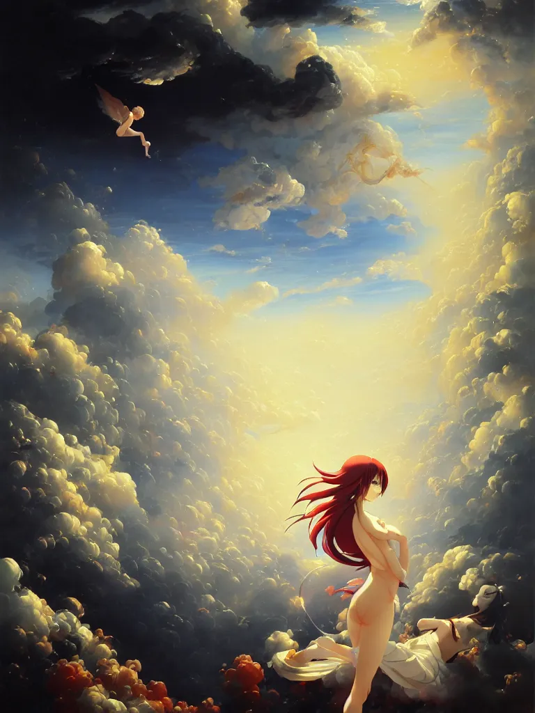 Image similar to baroque oil painting of key visual victoria secret angels, clouds, brutalist fantasy, rule of thirds golden ratio, fake detail, trending pixiv fanbox, acrylic palette knife, style of makoto shinkai takashi takeuchi yoshiyuki sadamoto